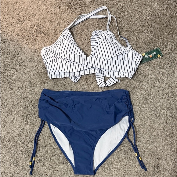 Blooming Jelly Other - Striped White & Navy Two-Piece Women's Bikini Set